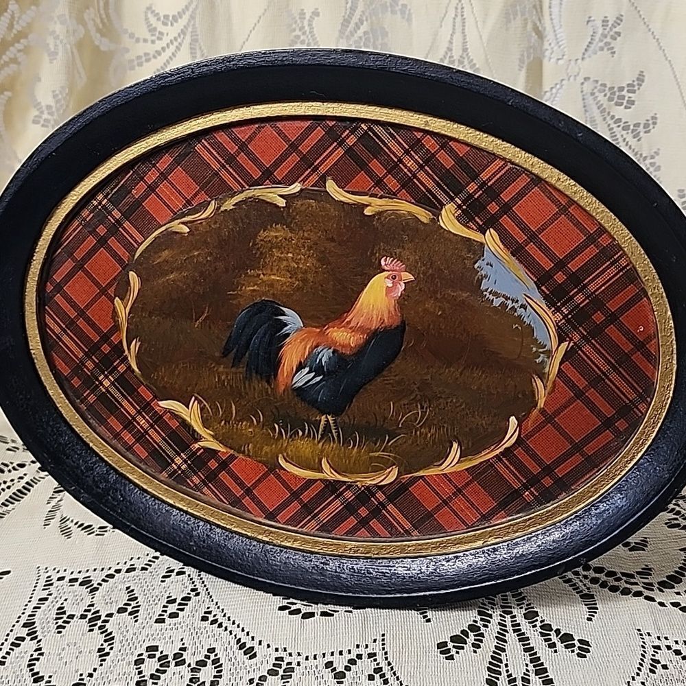 Vintage Painted Wood Oval Platter Rooster Plaid Gold Tone Trim Folk Art